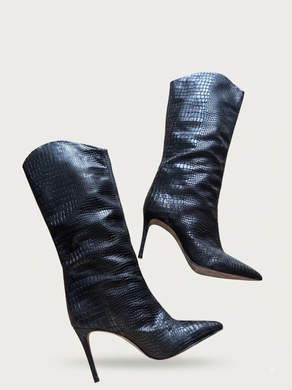 Schutz Sz 9.5 Leather Black Maryana Croc Embossed Leather 4” High Heels Boots